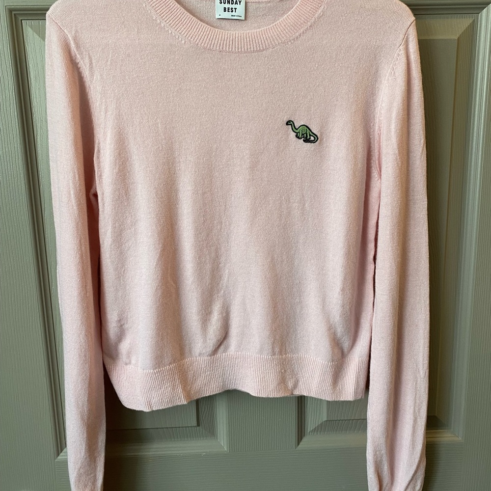Sunday Best Pink Crewneck Sweater with Embroidered Detail